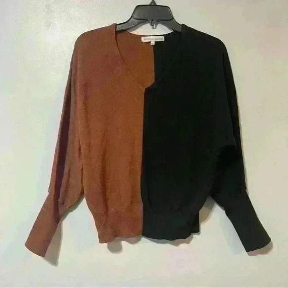 Madison + Hudson Thin V-Neck Colorblock Brown Black Dolman Sleeve Sweater Large - Picture 2 of 9